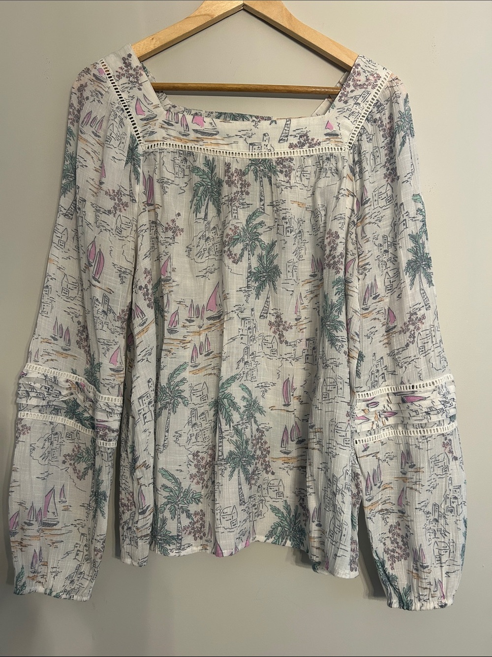 LC Lauren Conrad White Boho Square-Neck Blouse with Green & Pink Motif